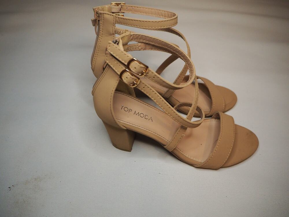 Top Moda Women's Nude Strappy Block Heel Sandals Ankle Strap Size 7 Beige